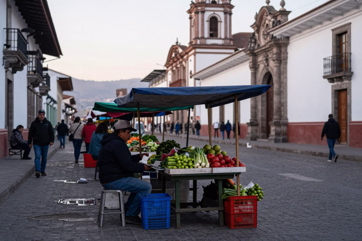 Early Morning Street Scene in Quito Ecuador with Traditional Market Vendor in in Quito, Ecuador