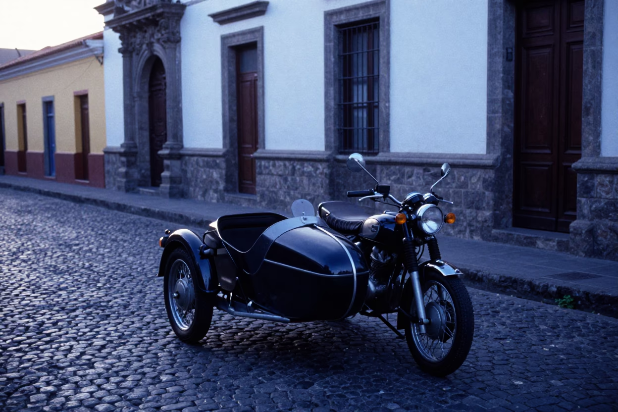 Early Morning Street Scene in Quito Ecuador with Vintage Motorcycle and Sidecar in in Quito, Ecuador