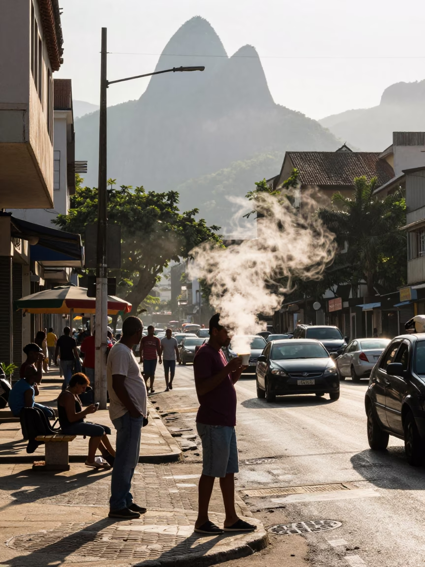 Early Morning Street Scene in Rio de Janeiro Brazil with Steam and Local Commerce in in Rio de Janeiro, Brazil