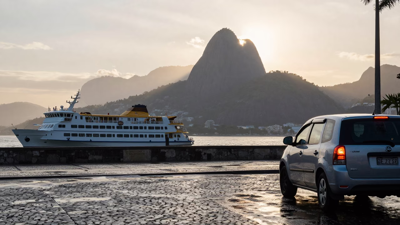 Early Morning Street Scene in Rio de Janeiro with Catamaran Ferry and Urban Reflections in in Rio de Janeiro, Brazil