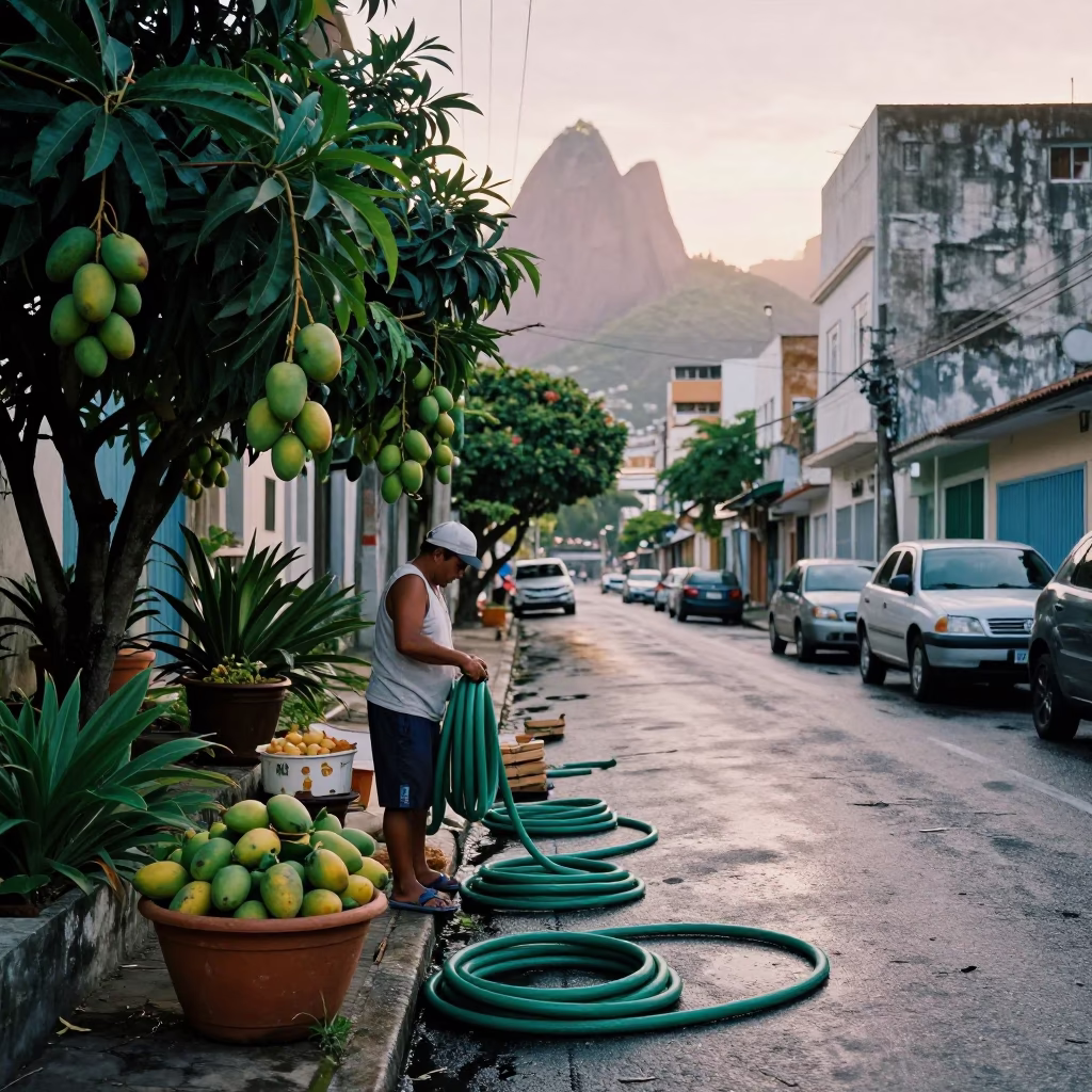 Early Morning Street Scene in Rio de Janeiro with Mangoes and Garden Hose in in Rio de Janeiro, Brazil