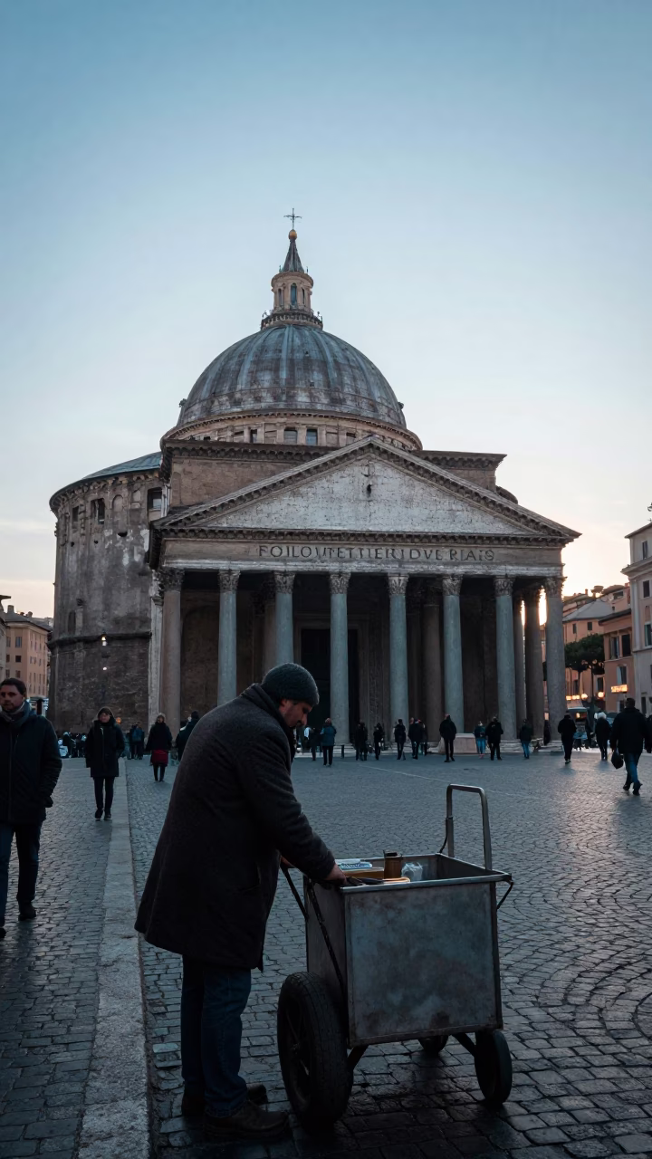 Early Morning Street Scene in Rome Italy Before Sunrise with Local Vendor in in Rome, Italy