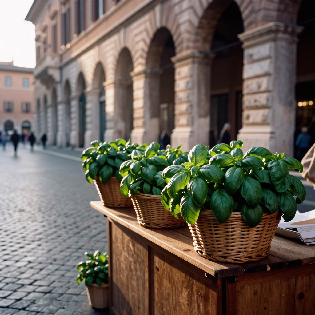 Early Morning Street Scene in Rome Italy with Fresh Basil and Local Market Details in in Rome, Italy