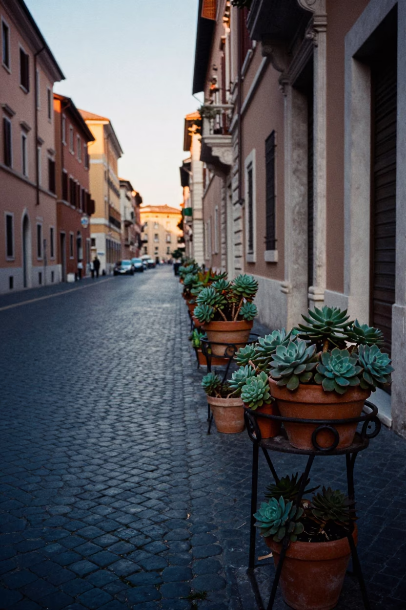 Early Morning Street Scene in Rome Italy with Succulents and Urban Architecture in in Rome, Italy