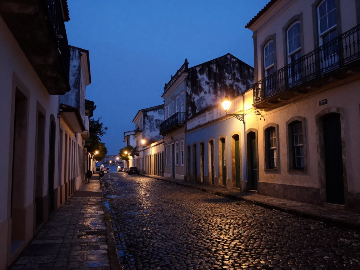 Early Morning Street Scene in Salvador Brazil Before Dawn with Cobblestone Reflections in in Salvador, Brazil