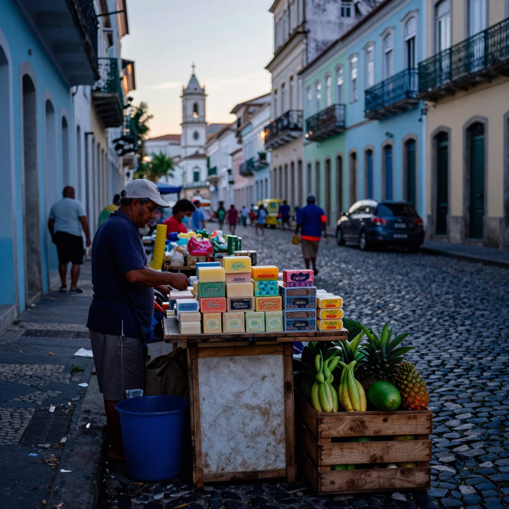 Early Morning Street Scene in Salvador Brazil with Bar Soap and Local Commerce in in Salvador, Brazil