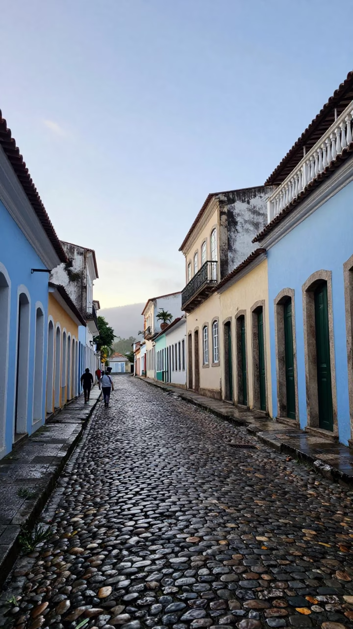 Early Morning Street Scene in Salvador Brazil with Cobblestones and Local Market Activity in in Salvador, Brazil