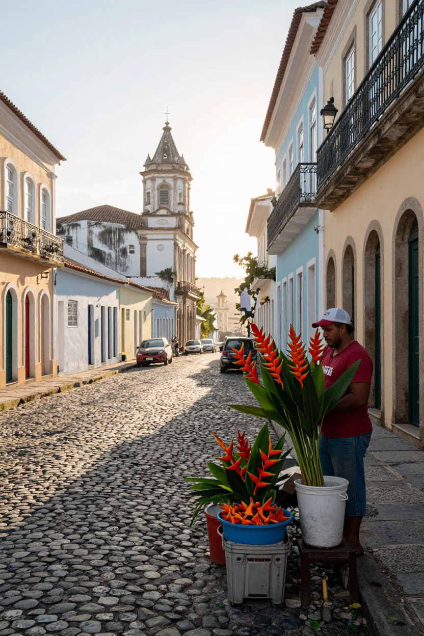 Early Morning Street Scene in Salvador Brazil with Heliconia and Local Vendor in in Salvador, Brazil