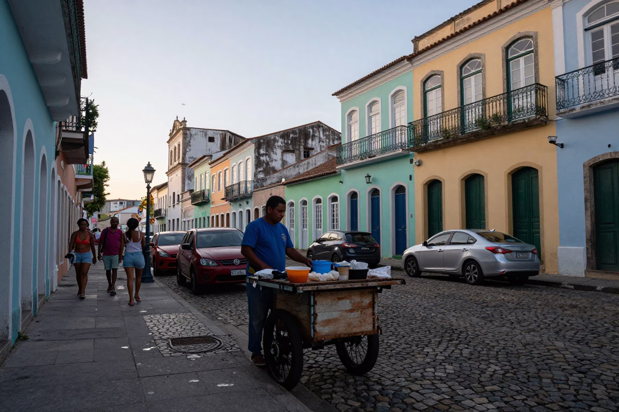 Early Morning Street Scene in Salvador Brazil with Local Vendor and Colorful Architecture in in Salvador, Brazil