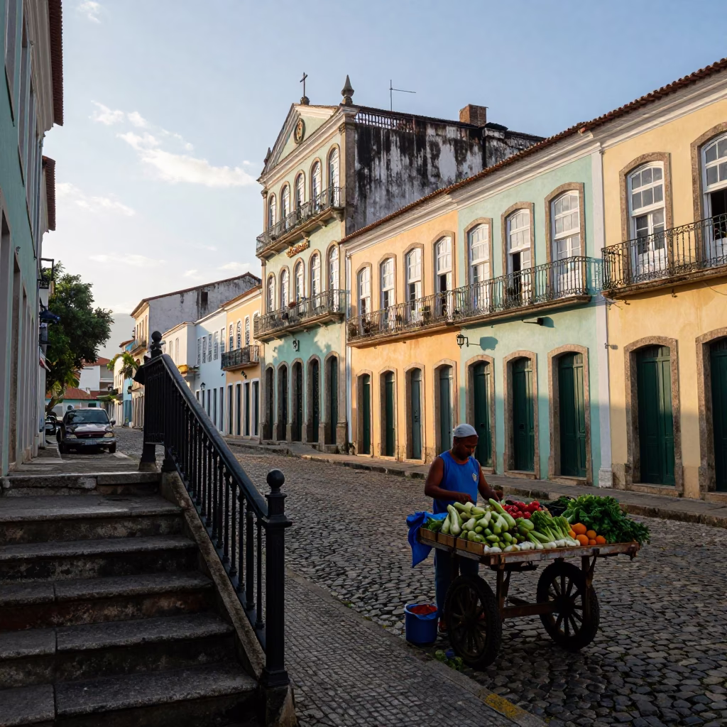 Early Morning Street Scene in Salvador Brazil with Stair Rail and Bottle in in Salvador, Brazil