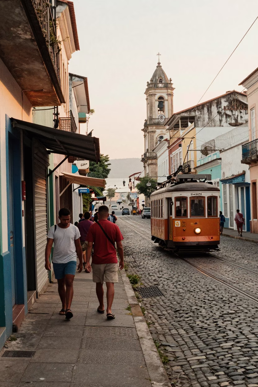 Early Morning Street Scene in Salvador Brazil with Tram and Local Market Activity in in Salvador, Brazil