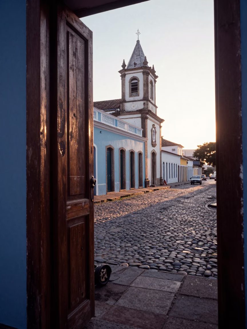 Early Morning Street Scene in Salvador Brazil with Wooden Doorframe and Rolling Carts in in Salvador, Brazil