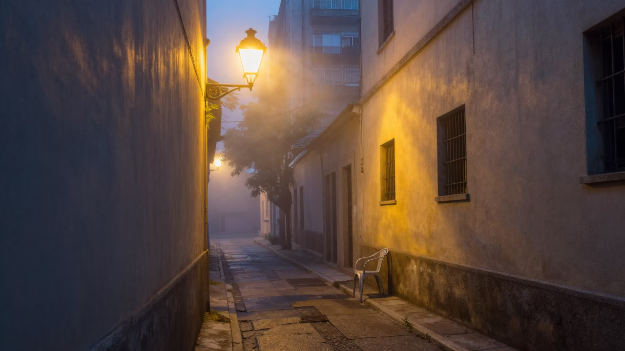 Early Morning Street Scene in São Paulo Brazil with Condensation and Lantern Light in in São Paulo, Brazil