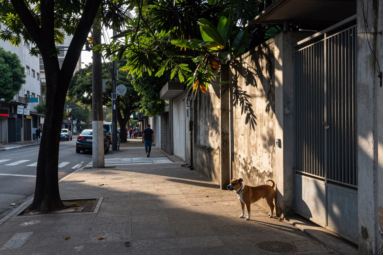 Early Morning Street Scene in São Paulo Brazil with Dog and Urban Details in in São Paulo, Brazil