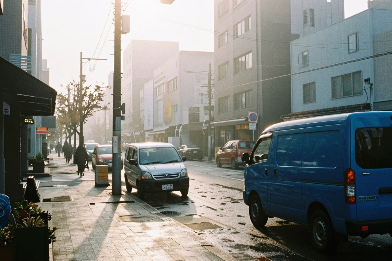 Early morning street scene in Sapporo Japan with fog and urban details in in Sapporo, Japan