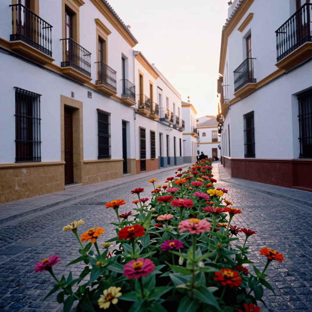 Early Morning Street Scene in Seville Spain with Colorful Zinnias and Local Market Activity in in Seville, Spain