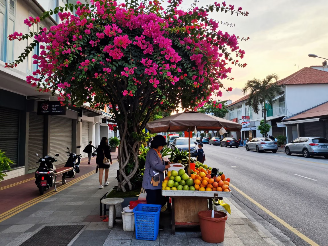 Early Morning Street Scene in Singapore with Bougainvillea Cascade Over White Wall in in Singapore, Singapore