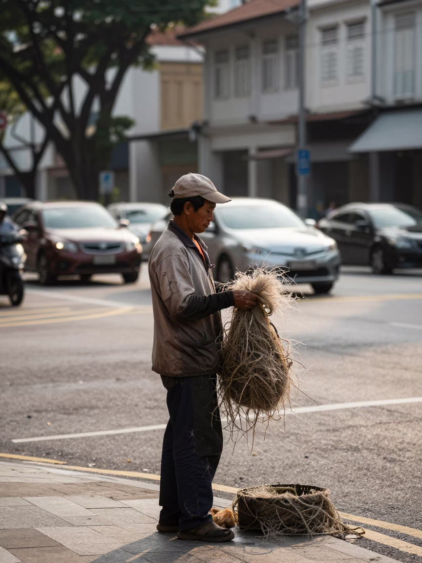 Early Morning Street Scene in Singapore with Gardener and Frayed Rope in in Singapore, Singapore