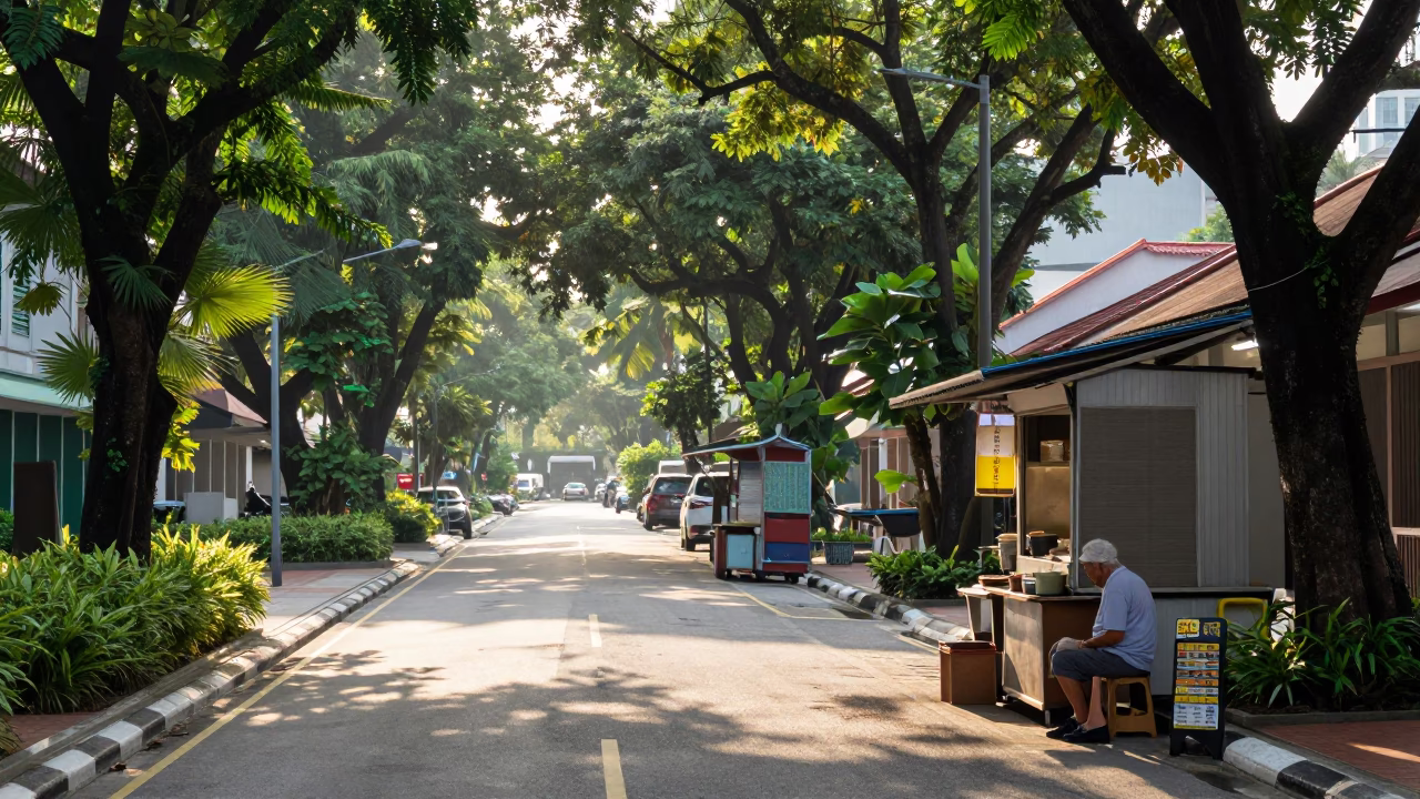 Early Morning Street Scene in Singapore with Matcha Tea and Calligraphy Brush in in Singapore, Singapore