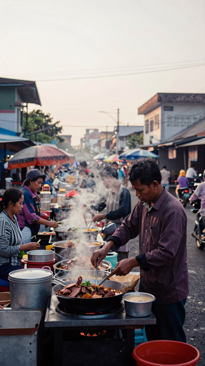 Early Morning Street Scene in Surabaya Indonesia with Local Food and Daily Life in in Surabaya, Indonesia