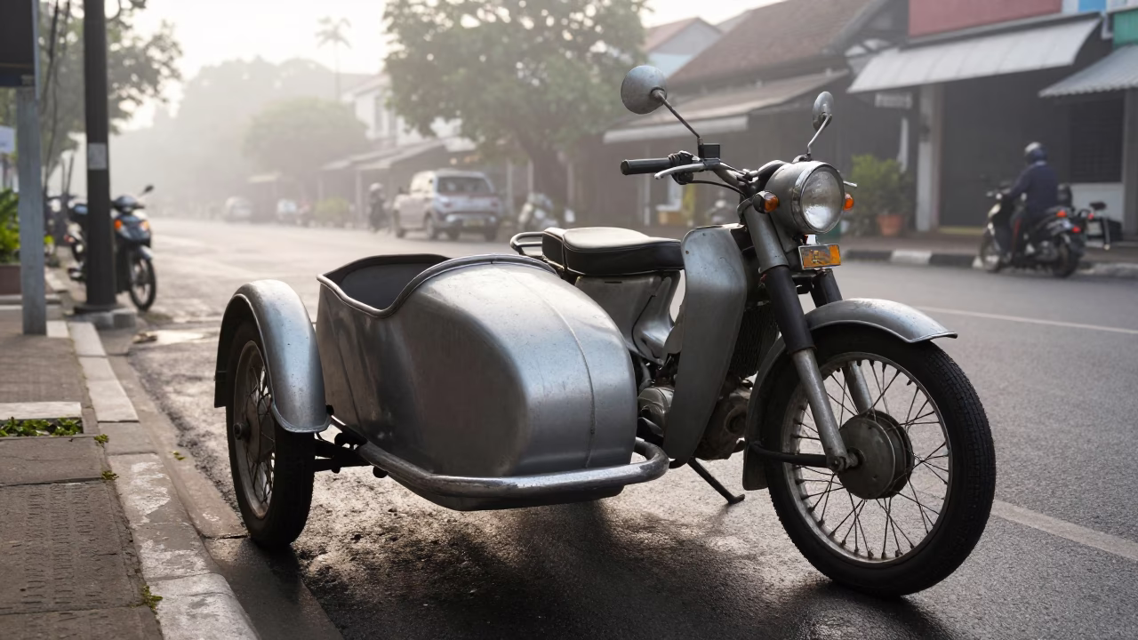 Early Morning Street Scene in Surabaya Indonesia with Vintage Motorcycle and Sidecar in in Surabaya, Indonesia
