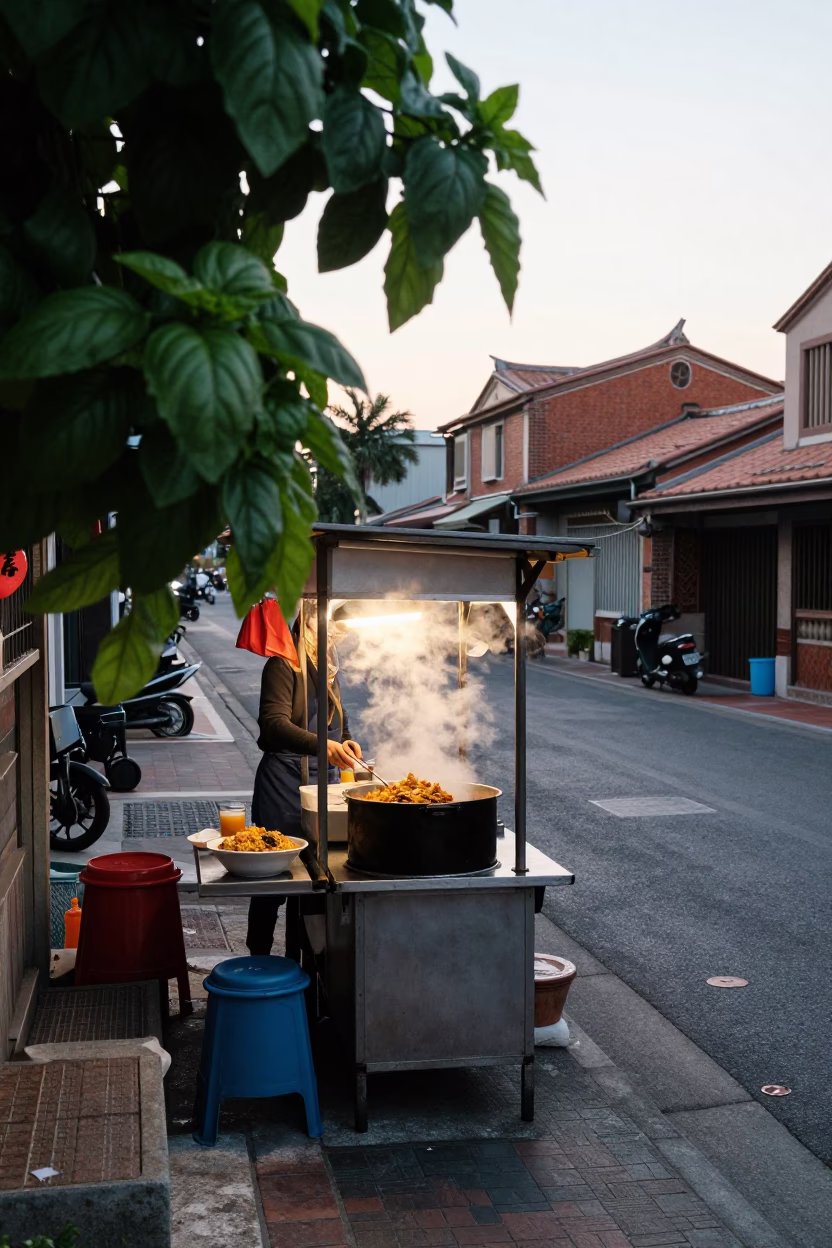 Early Morning Street Scene in Tainan Taiwan with Basil Leaves and Local Breakfast in in Tainan, Taiwan