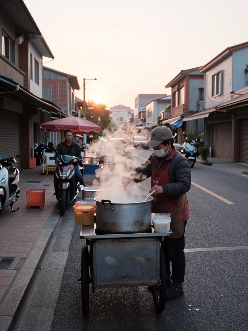 Early Morning Street Scene in Tainan Taiwan with Local Food Vendor in in Tainan, Taiwan