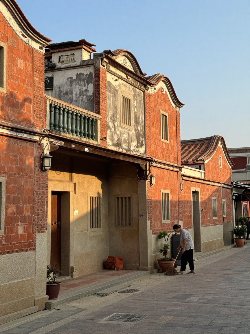 Early morning street scene in Tainan Taiwan with traditional architecture and daily life in in Tainan, Taiwan