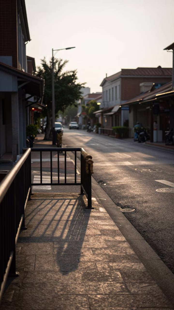 Early Morning Street Scene in Tainan Taiwan with Wicker Shadow on Rail in in Tainan, Taiwan