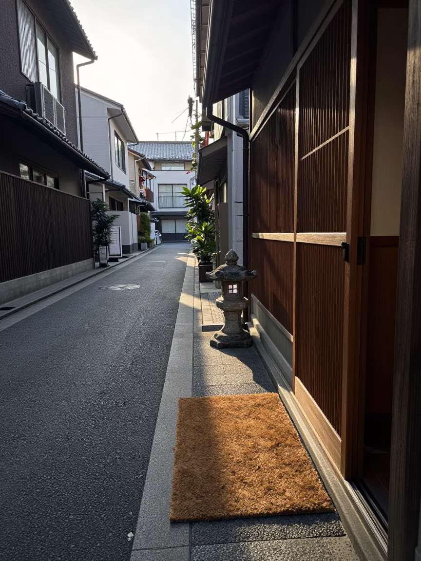 Early Morning Street Scene in Tokyo Japan with Doormat and Local Life in in Tokyo, Japan