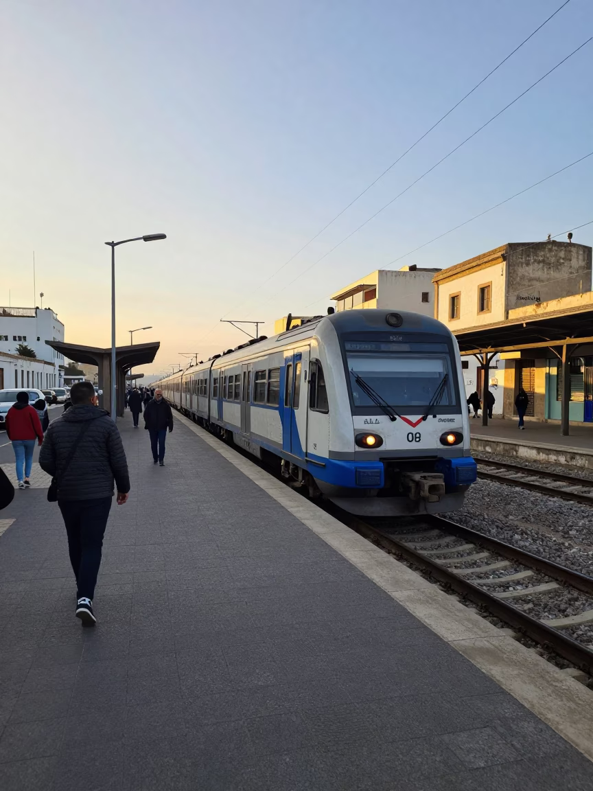 Early Morning Street Scene in Tunis Tunisia with Commuter Train and Chipped Blue Enamel in in Tunis, Tunisia