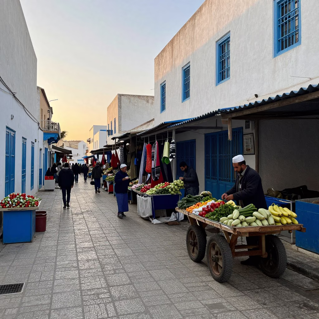 Early Morning Street Scene in Tunis Tunisia with Local Market Details in in Tunis, Tunisia