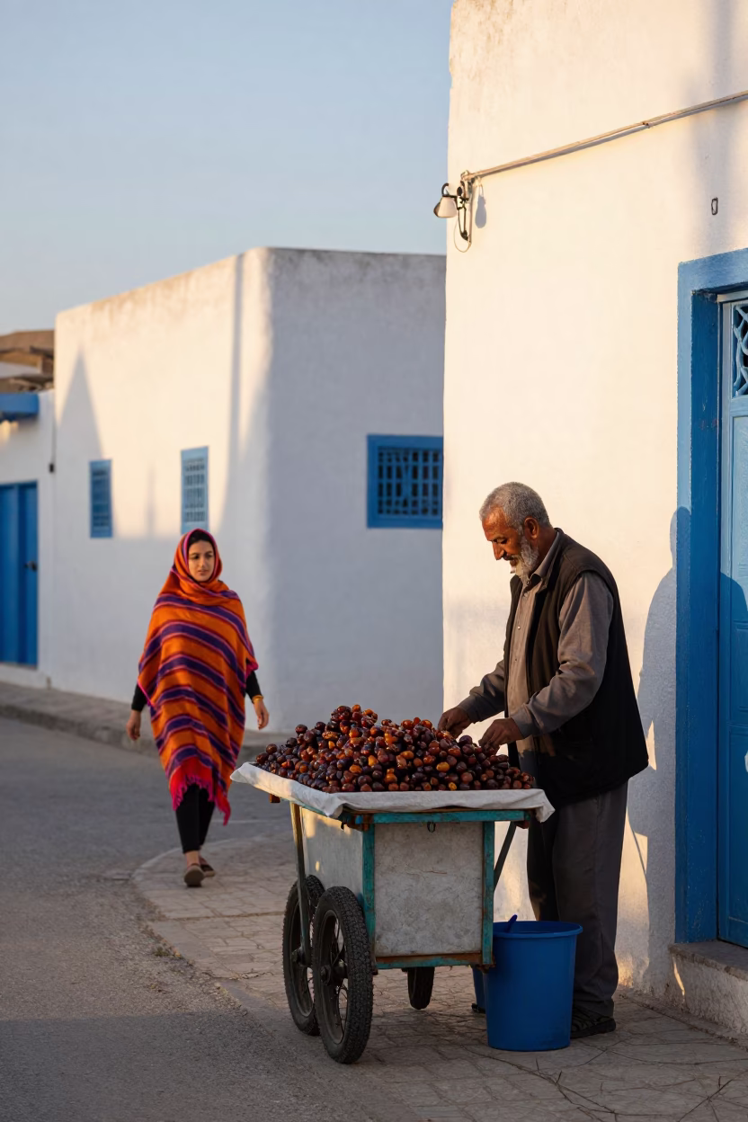 Early Morning Street Scene in Tunis Tunisia with Local Vendor and Colorful Details in in Tunis, Tunisia