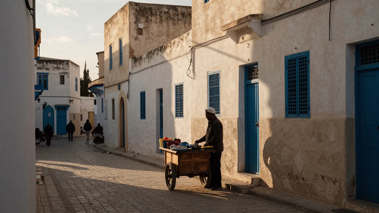Early Morning Street Scene in Tunis Tunisia with Local Vendor and Traditional Market Elements in in Tunis, Tunisia
