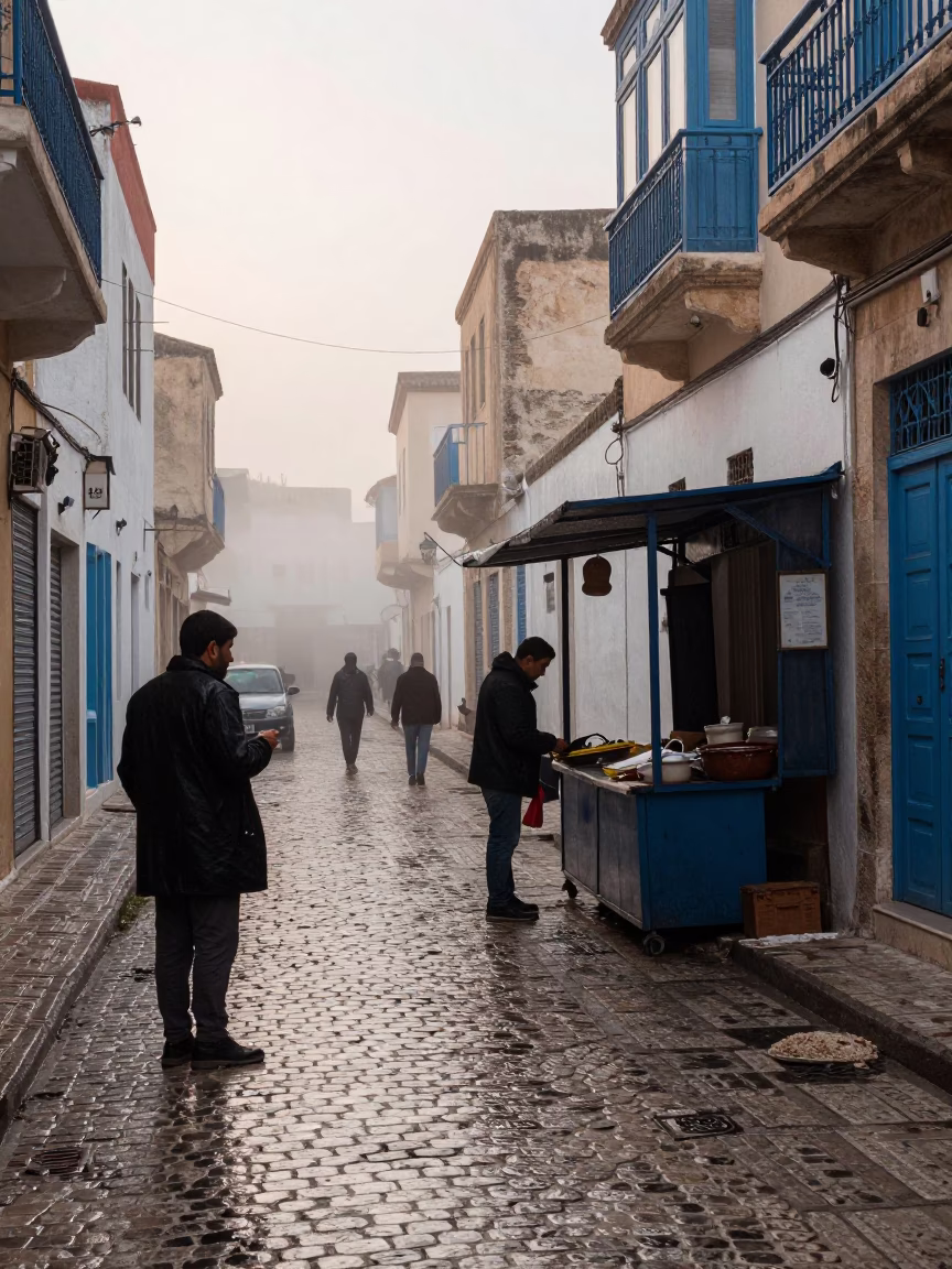 Early Morning Street Scene in Tunis Tunisia with Raincoats and Urban Details in in Tunis, Tunisia