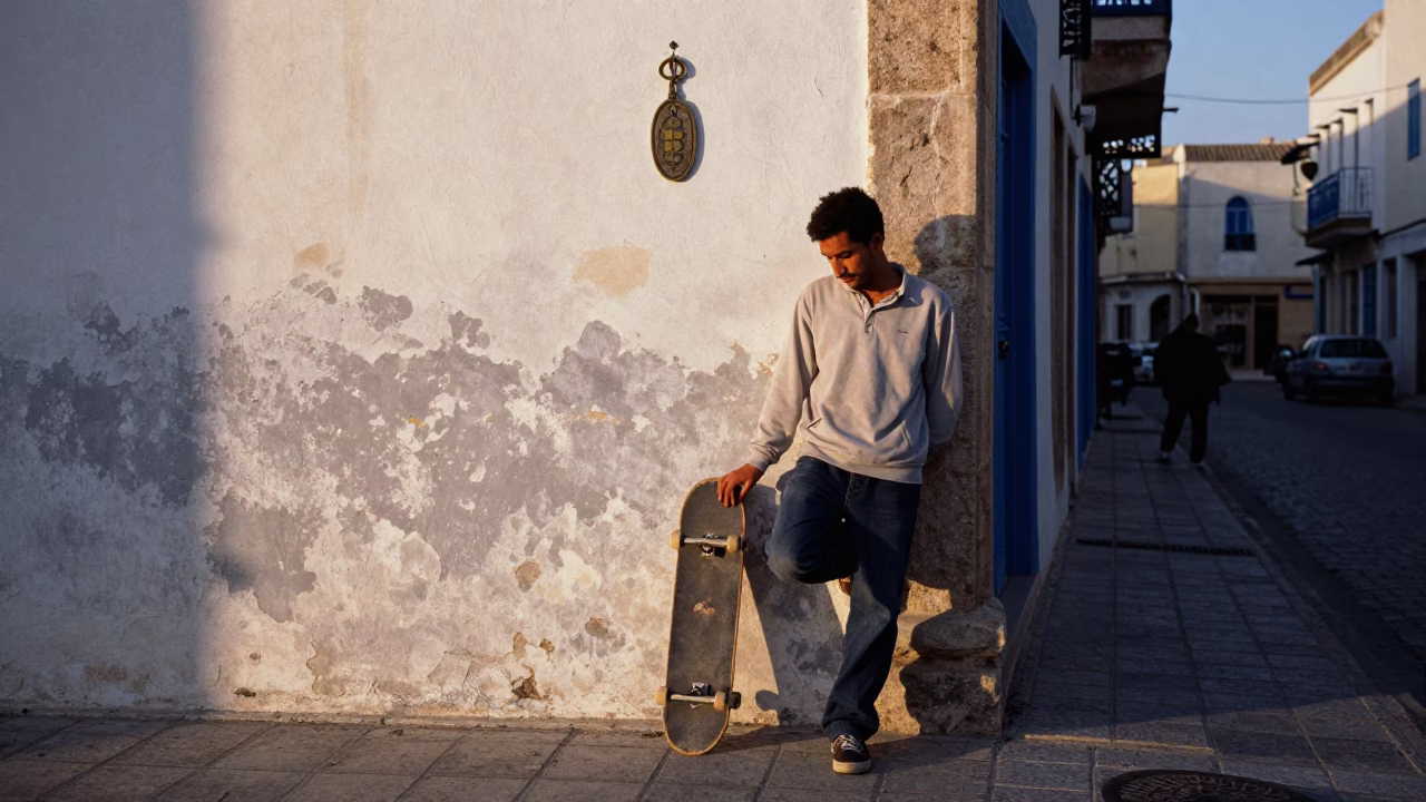 Early Morning Street Scene in Tunis Tunisia with Skateboard and Amulet in in Tunis, Tunisia
