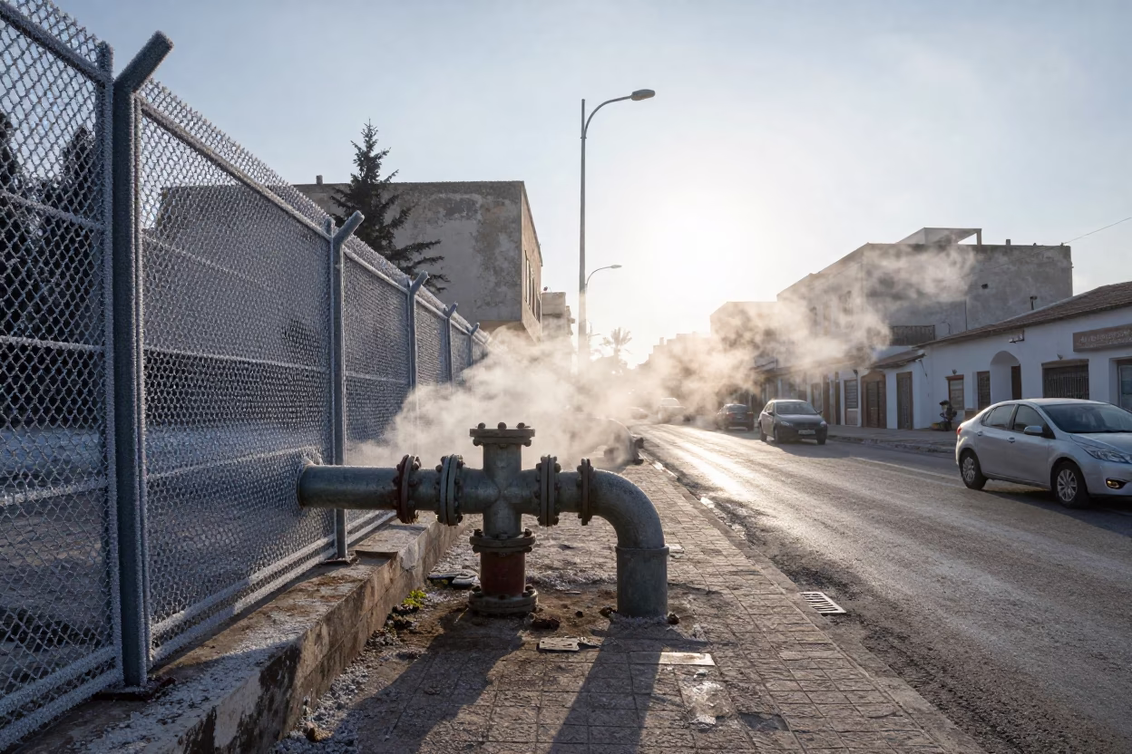 Early Morning Street Scene in Tunis Tunisia with Steaming District Heating Pipe and Frost in in Tunis, Tunisia