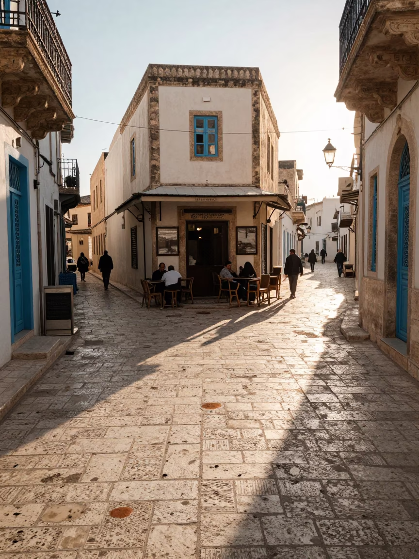 Early Morning Street Scene in Tunis Tunisia with Tea Stains and Sunlight in in Tunis, Tunisia