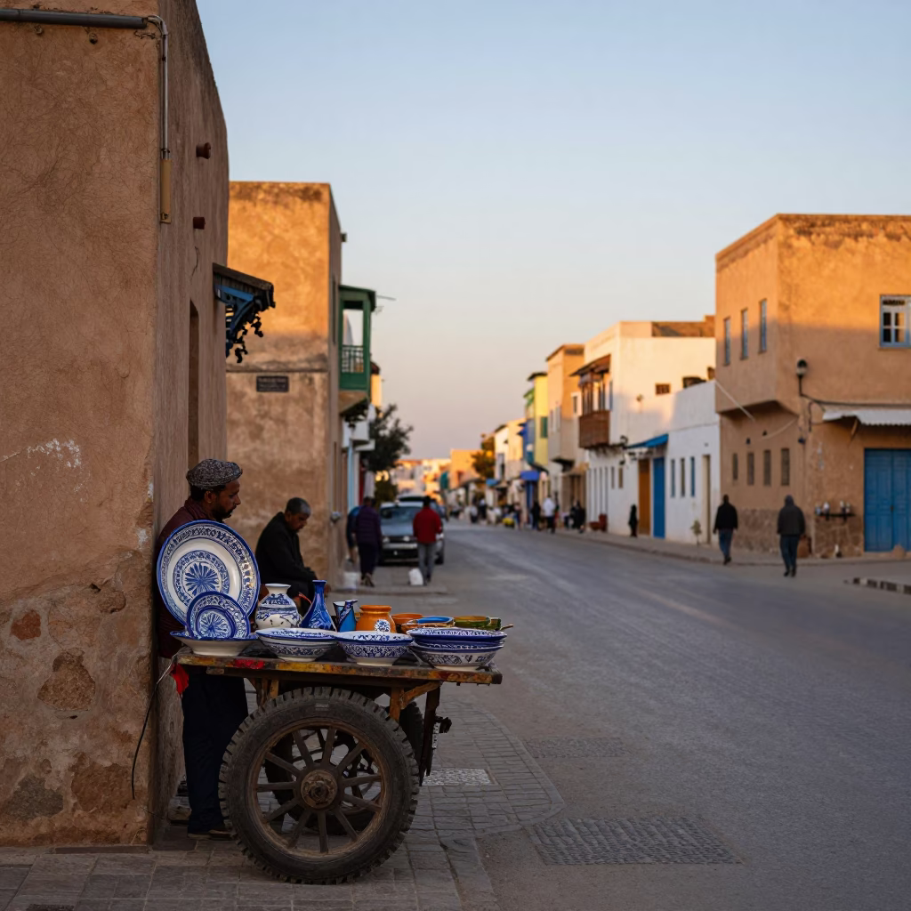 Early morning street scene in Tunis Tunisia with vintage majolica plate and local commerce in in Tunis, Tunisia