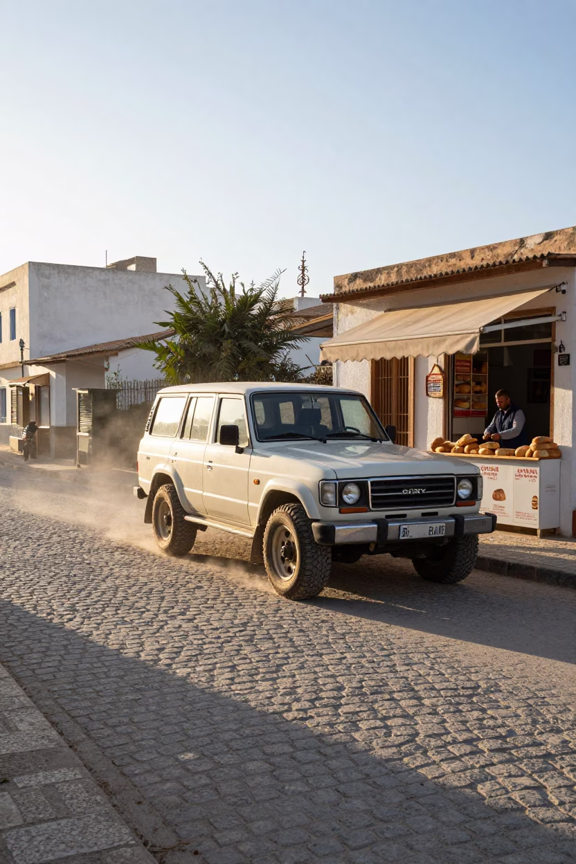 Early Morning Street Scene in Tunis Tunisia with Vintage SUV and Local Market Activity in in Tunis, Tunisia