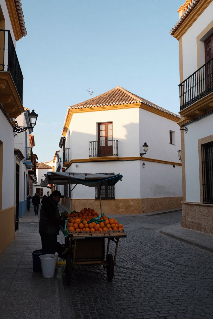 Early Morning Street Scene in Valencia Spain with Local Market Activity and Mediterranean Horizon in in Valencia, Spain