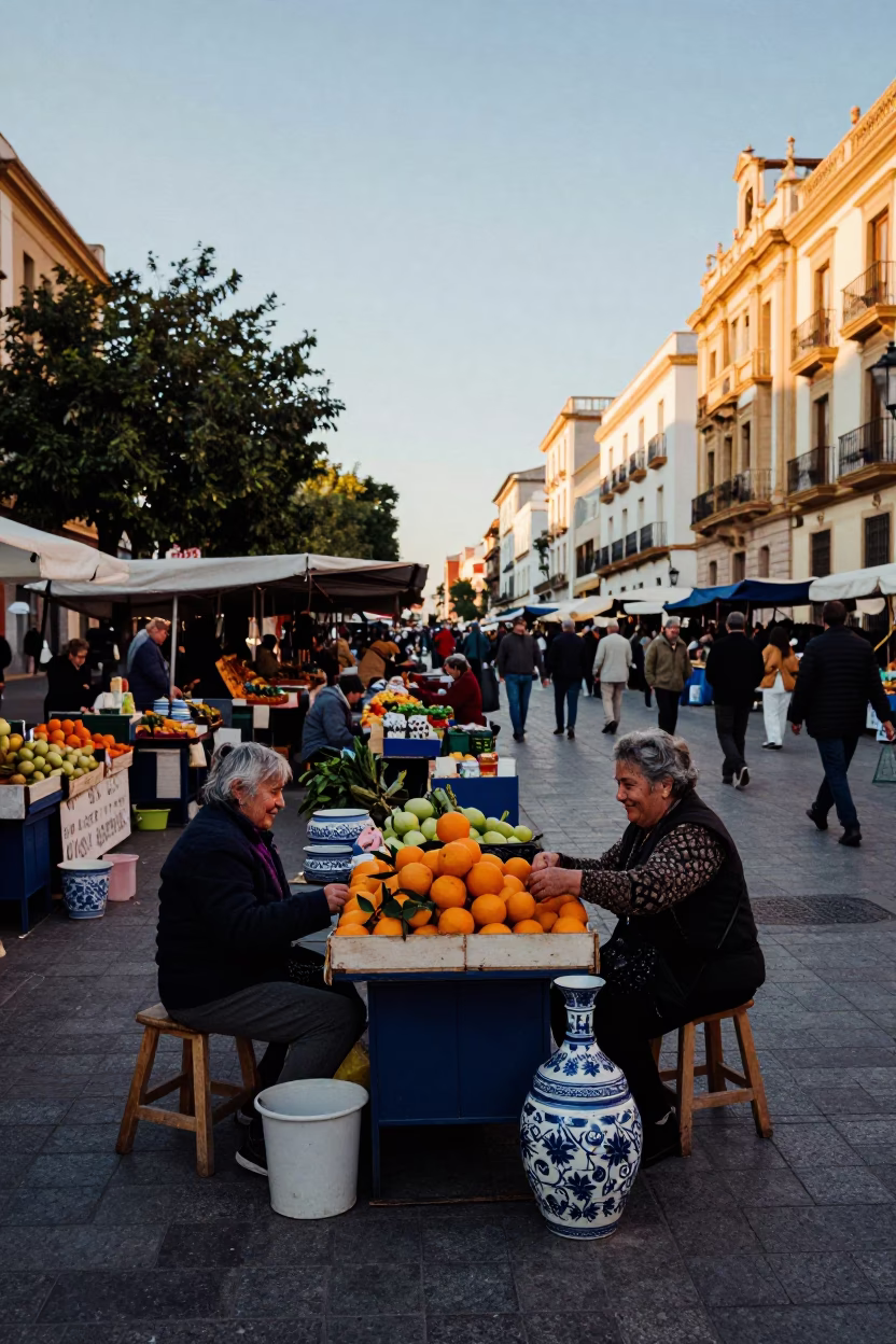Early Morning Street Scene in Valencia Spain with Local Market Activity in in Valencia, Spain