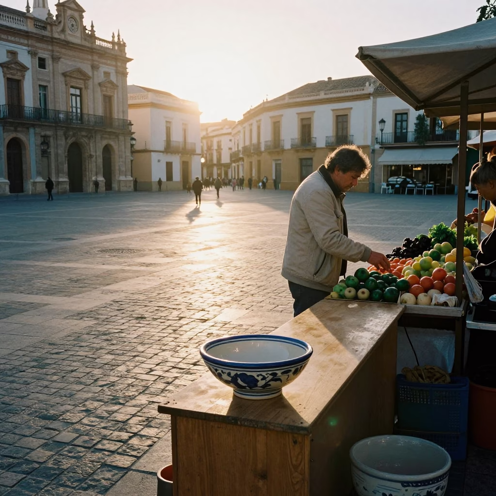 Early Morning Street Scene in Valencia Spain with Traditional Ceramic Bowl in in Valencia, Spain