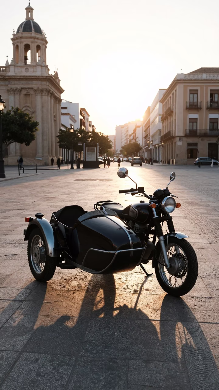Early Morning Street Scene in Valencia Spain with Vintage Motorcycle and Sidecar in in Valencia, Spain