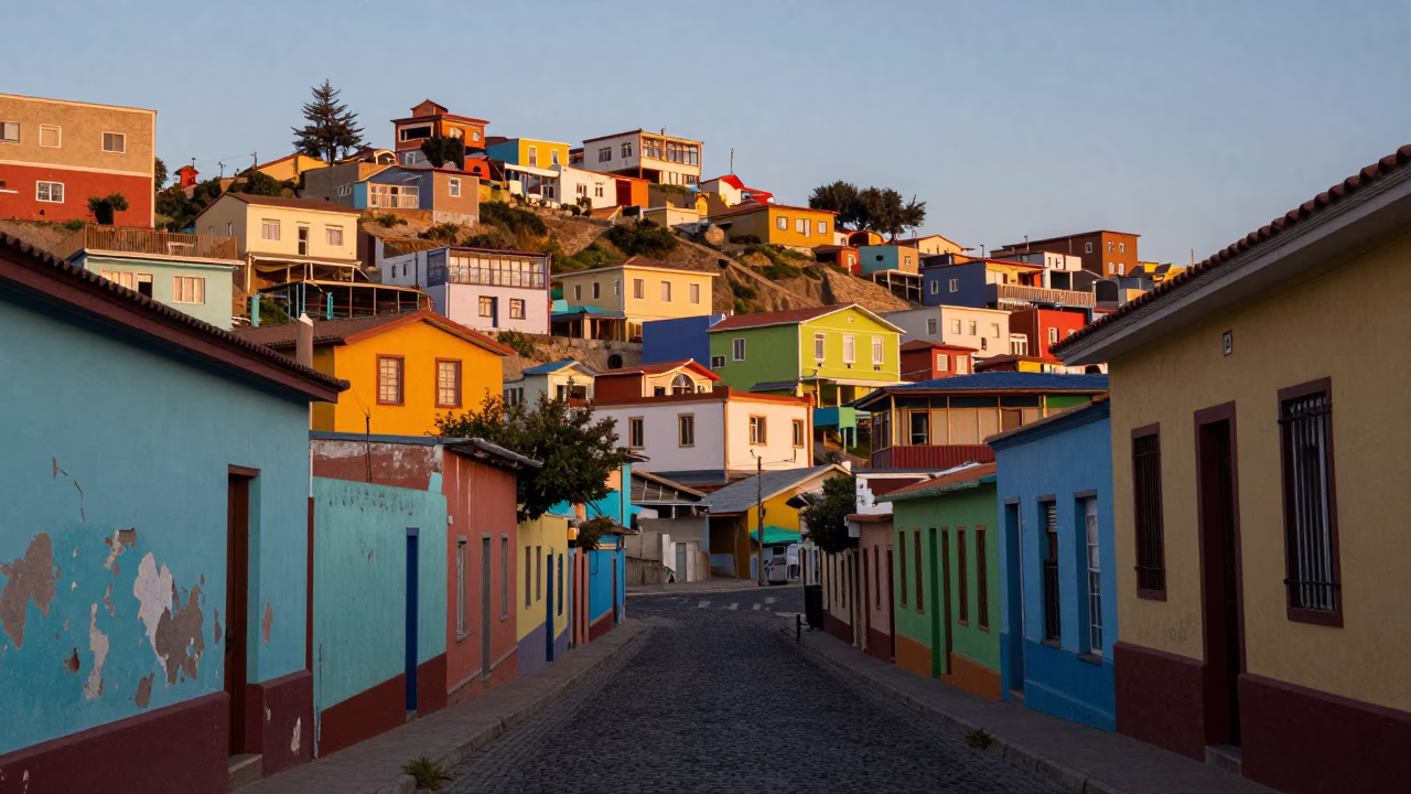 Early Morning Street Scene in Valparaiso Chile with Colorful Hillside Houses in in Valparaiso, Chile