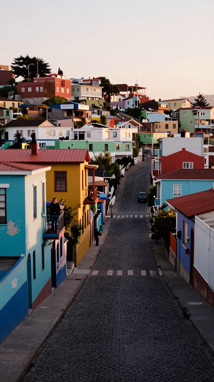Early Morning Street Scene in Valparaiso Chile with Colorful Houses and Succulents in in Valparaiso, Chile