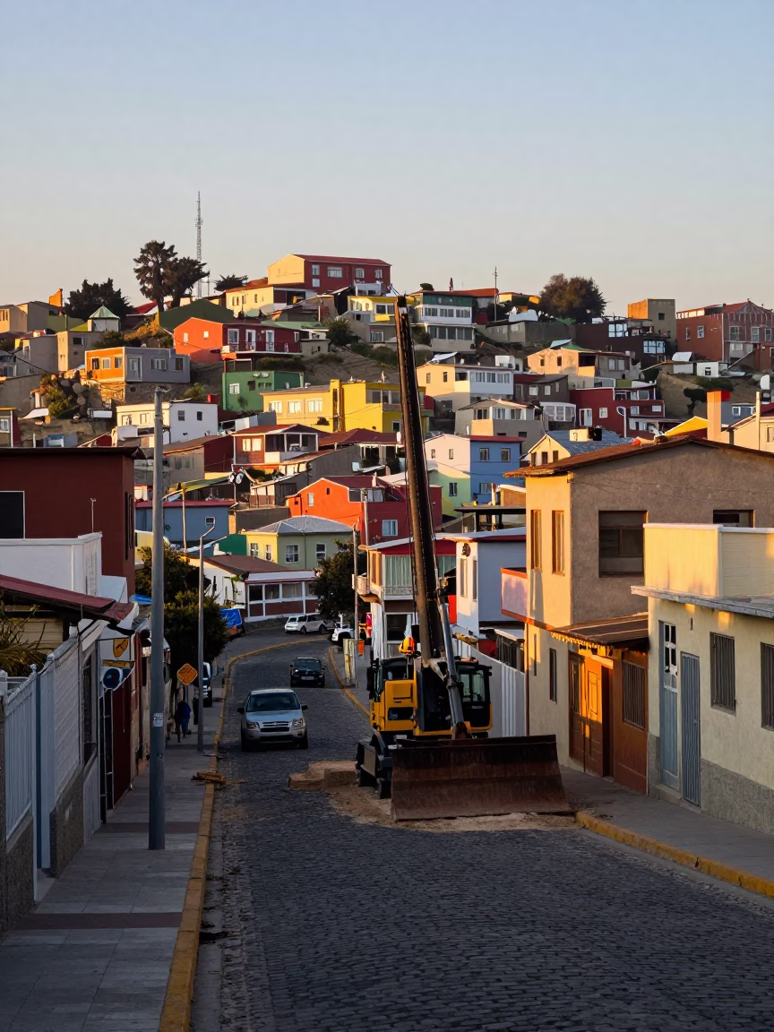 Early Morning Street Scene in Valparaiso Chile with Construction and Local Life in in Valparaiso, Chile