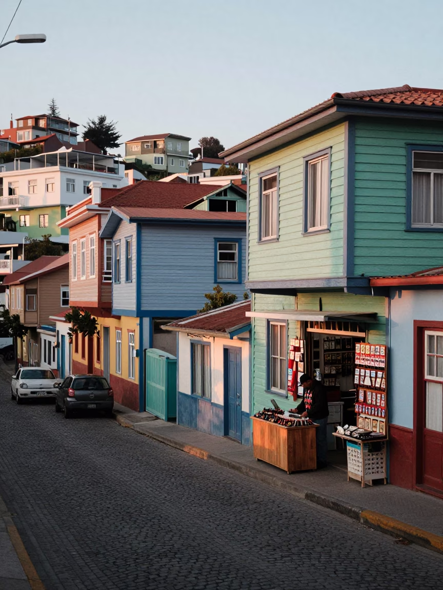 Early Morning Street Scene in Valparaiso Chile with Local Shop Display in in Valparaiso, Chile