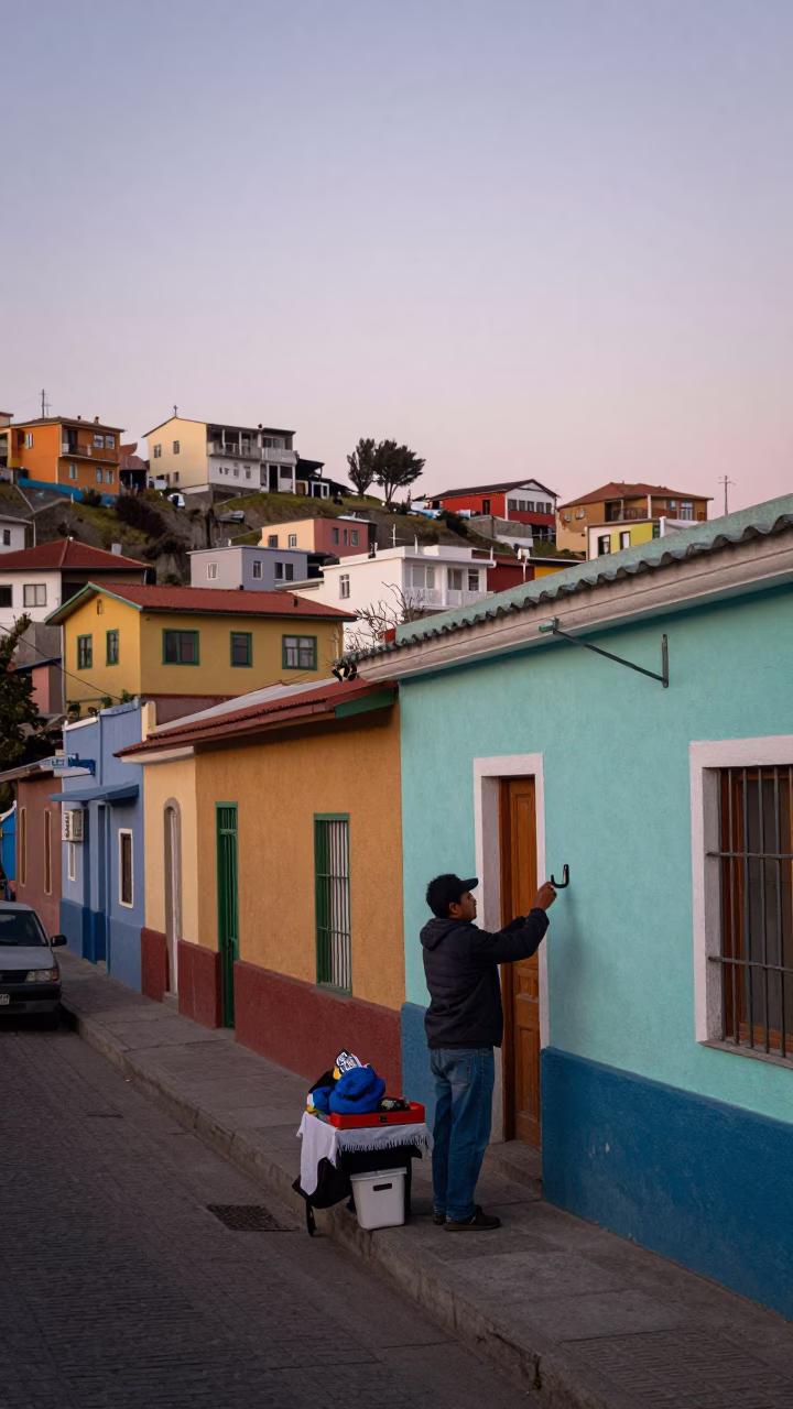 Early Morning Street Scene in Valparaiso Chile with Local Vendor and Colorful Architecture in in Valparaiso, Chile