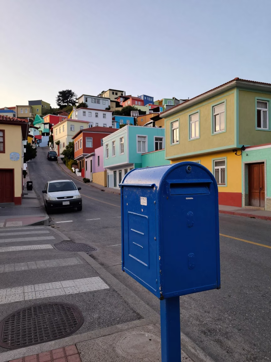 Early Morning Street Scene in Valparaiso Chile with Mailbox and Colorful Architecture in in Valparaiso, Chile